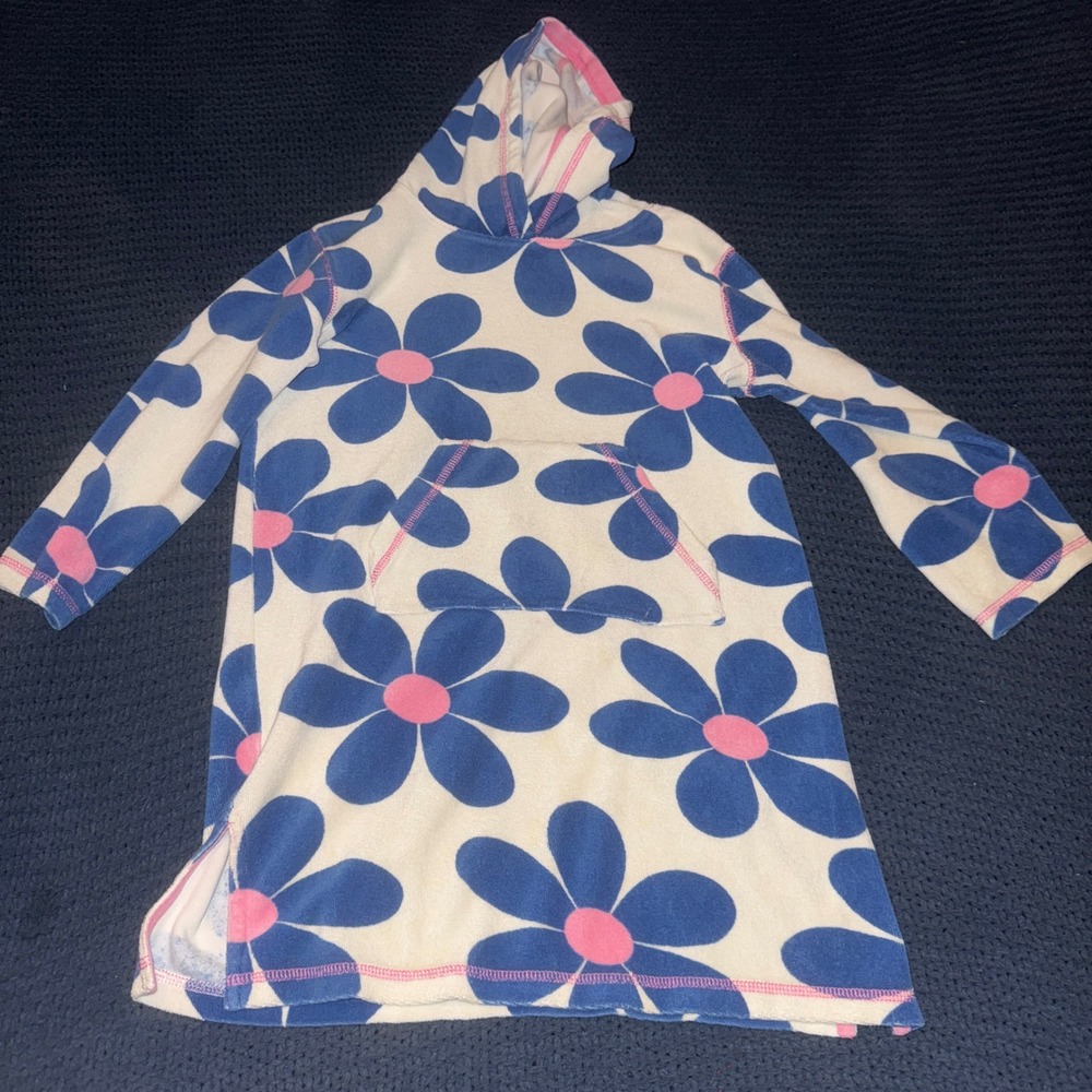 Mini Boden Girls Blue Pink Floral Hooded Terry Cloth Beach Cover Up Dress 7-8Y